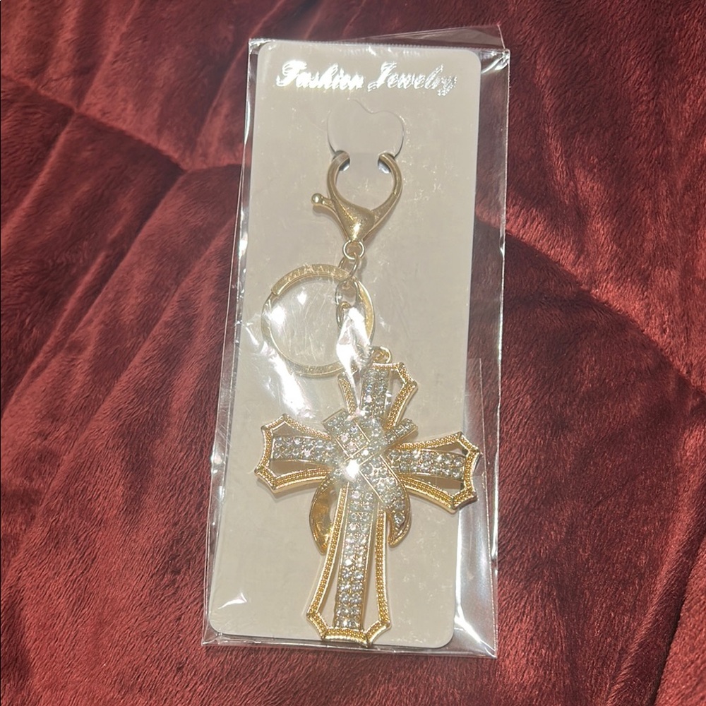 Sparkling Gold and Silver Cross Keychain
